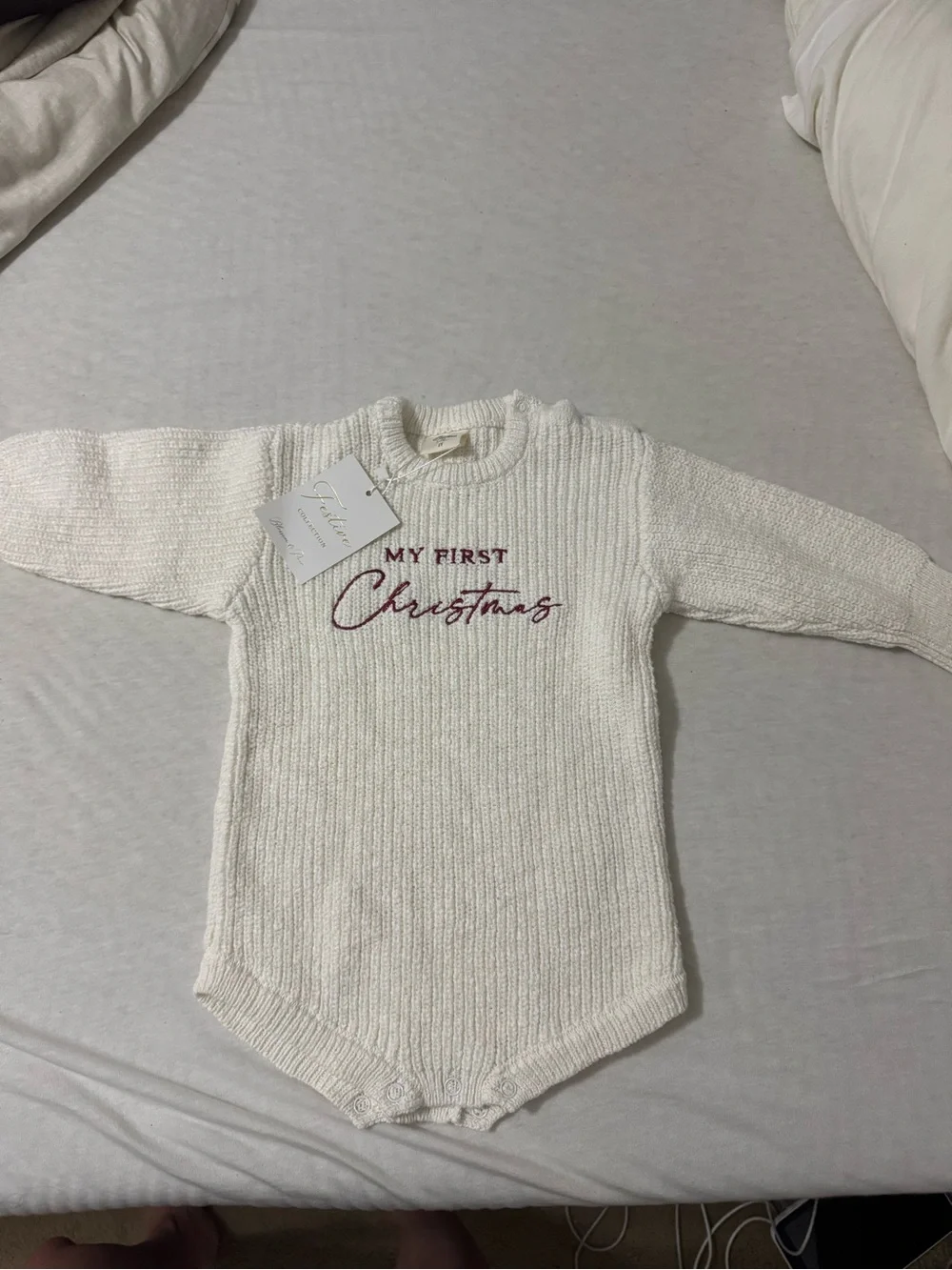 Cream 'My First Christmas' Knit Baby One-Piece
